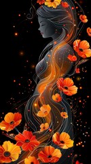 Beautiful woman silhouette with poppy flowers around