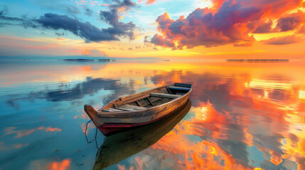 old wooden boat on calm water at sunset, reflecting the sky in beautiful colors