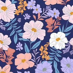 Seamless pattern with flowers and leaves on dark blue background.