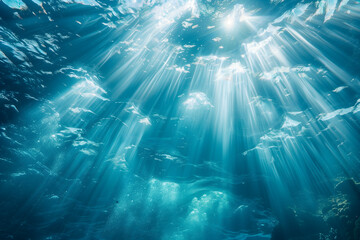 Fototapeta na wymiar Beautiful underwater view, of sunlight shining through the clear water