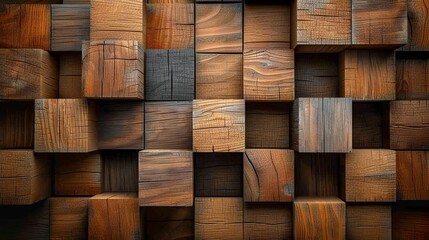 Abstract block stack of 3d wooden cubes with rustic wood texture in artistic arrangement