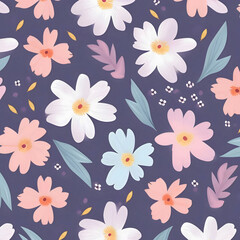 Fototapeta na wymiar Seamless pattern with cute flowers on dark background. Vector illustration.