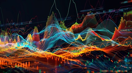 A vibrant display showing the dance of trading volume, with overlays of Moving Averages, MACD waves, and RSI levels guiding stock decisions