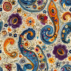 Paisley Background Seamless Pattern with Vibrant Colors, Modern Design for Chic Tiles and Colorful Wallpaper, Elegant Vintage Paisley Patterns, Floral Swirls in Stylish Decoration and Fashion Design.