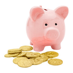 Pink piggy bank sticker with bitcoins design element