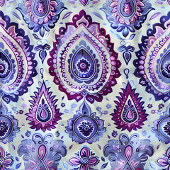 Fototapeta premium Paisley Background Seamless Pattern with Vibrant Colors, Modern Design for Chic Tiles and Colorful Wallpaper, Elegant Vintage Paisley Patterns, Floral Swirls in Stylish Decoration and Fashion Design.