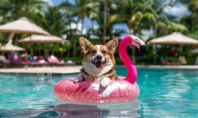 Summer vacation outdoor poolside perspective of a corgi dog floating on a pink flamingo plastic inflatable toy on the surface of the water in a swimming pool.