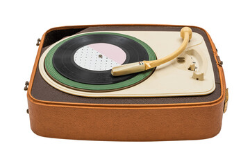 Vintage vinyl turntable in brown leather case design element