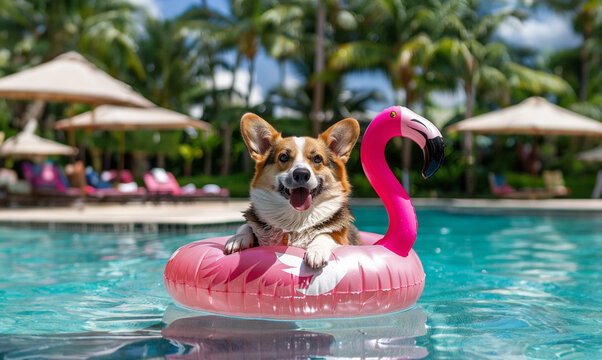 Summer vacation outdoor poolside perspective of a corgi dog floating on a pink flamingo plastic inflatable toy on the surface of the water in a swimming pool.
