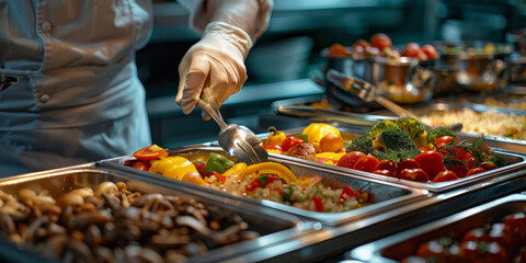  A chef in white gloves is serving food from the large stainless steel bin with fresh and colorful vegetables, mushrooms or steaks on top to guests at luxury restaurant  - obrazy, fototapety, plakaty