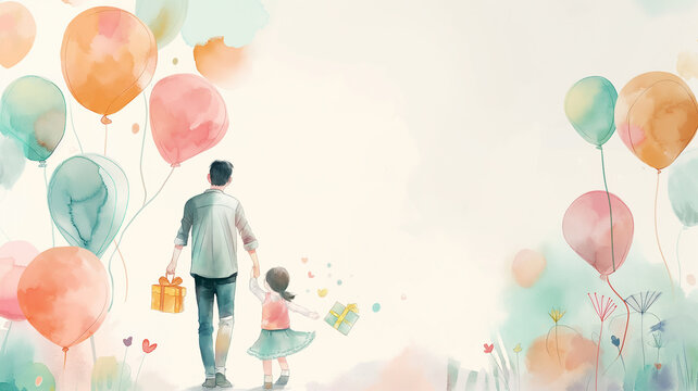 Water color illustration of a father and child celebrating Father's Day with balloons, gifts, and a homemade card against a white background