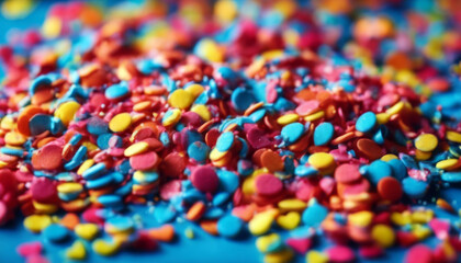 Fototapeta na wymiar sprinkles party time colorful day birthday holiday background confetti festive Valentines decoration blue sprinkle flat lay colourful placer food trendy abstract abundance ann