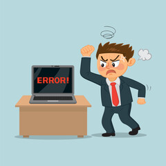 Upset business looking at laptop screen with error message.
Computer system failure during workflow. 
Flat, Vector, Illustration, Cartoon, EPS10. 