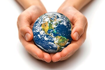 Hands cradling miniature Earth on vivid white background. World Earth Day concept. AI Image