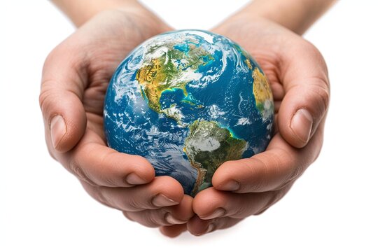 Caring hands hold miniature Earth on vivid green background with space for text. AI Image