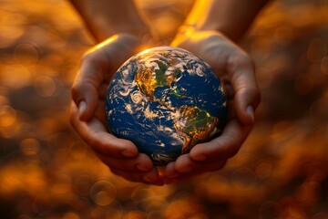 Hands cradling planet Earth on vivid warm background. Copy space included. AI Image