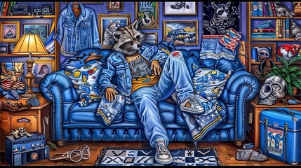 Art painting featuring a raccoon on an electric blue couch in a living room
