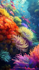 Fototapeta na wymiar Captivating Underwater Garden of Vibrant Sea Anemones Swaying in the Ocean Current