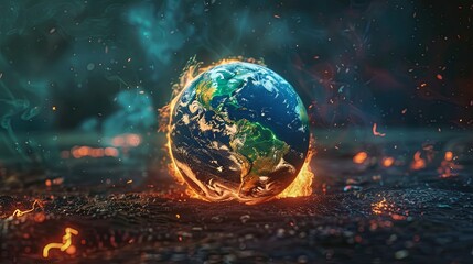 Illustration of Earth's burning surface with ultra-realistic detail. Conveying the global warming theme. AI Image - obrazy, fototapety, plakaty