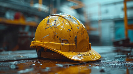 Side view photo of a contractors table with hardly used yellow color safety helmet and construction drawing blueprint on a table 
