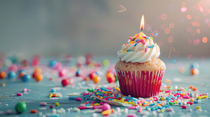 A photograph of a cupcake decorated with sprinkles and a vibrant candle, symbolizing joy and happiness