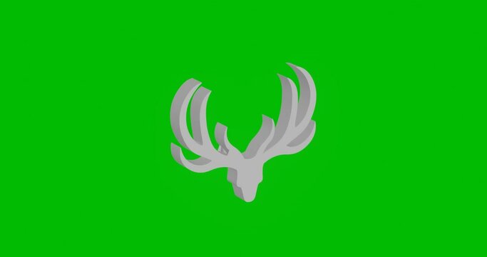 Animation of rotation of a white deer horns symbol with shadow. Simple and complex rotation. Seamless looped 4k animation on green chroma key background