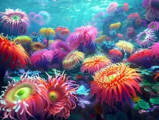 Fototapeta na wymiar Colorful Underwater Garden of Swaying Sea Anemones Creating a Mesmerizing Marine Habitat