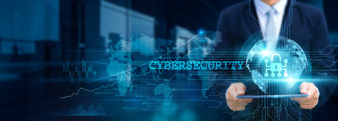 Cybersecurity measures, Businessman use tablet and encryption with the structure of secure networks on the network for working in futuristic digital, technological, and data-driven development.
