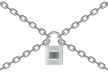 3d vector design illustration of padlock with chain isolated on white background.