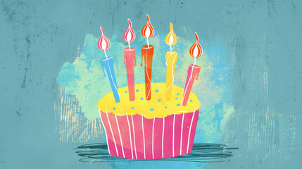 An illustration of a cupcake with multiple candles, symbolizing the passage of time and the celebration of life - obrazy, fototapety, plakaty