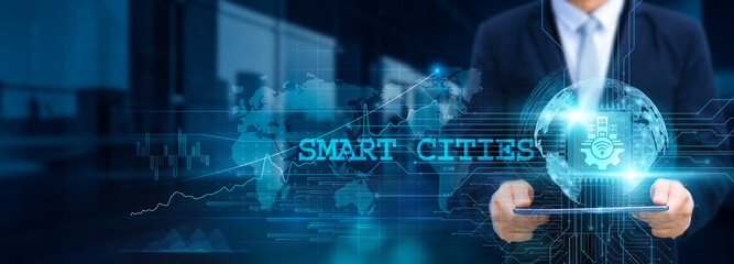 Smart Cities, businessmen use tablets and smart technology with a structure of connected devices on the network for futuristic urban planning, sustainability, and innovation development.