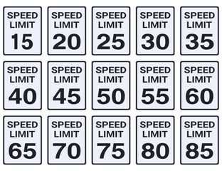 Collection of USA speed limit signs from 15 to 85 mph in flat style (cut out) - obrazy, fototapety, plakaty