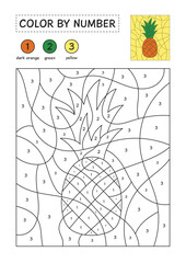 Coloring page with a picture of a pineapple to color by numbers. Puzzle game for children education. Simple coloring for kids