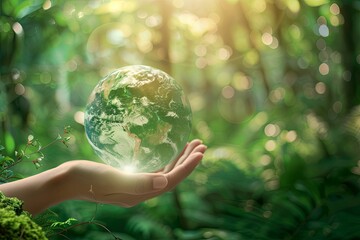 Young woman's hand gently supporting Earth, symbolic of renewable energy and sustainability AI Image