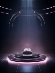 Futuristic Sci-Fi Holographic Podium Showcasing Glowing Sphere in Dark Technology Room