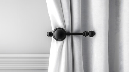 A graceful white curtain is swept to the side by a classic black iron holdback, showcasing the linen's subtle texture against a softly lit background. 