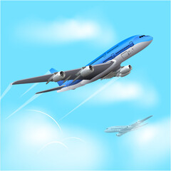 A blue and white plane flying in the sky with a plane flying in the sky.