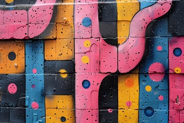 An abstract graffiti pattern with pink and yellow dots on a textured urban wall. AI Generated.