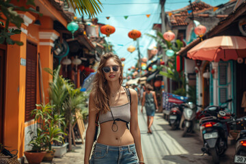 Fashionable young woman explores a colorful street adorned with lanterns, embracing the local...