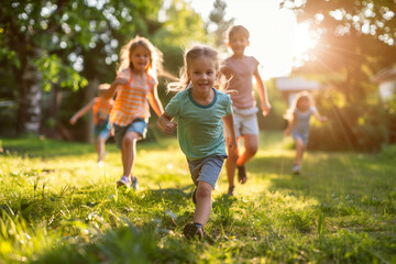 Fototapeta premium A group of children bask in the summer sun, racing across a lush lawn in a carefree sprint, embodying the essence of summer fun. AI Generated.