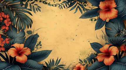 An earth tone modern illustration of tropical line arts, florals, and leaves with space for text and images.