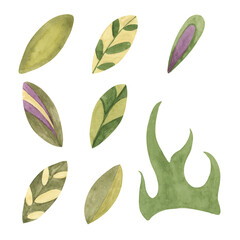 Retro leaves in minimalistic abstract 70s style. Hippie boho indie clipart. Watercolor groovy daisy...