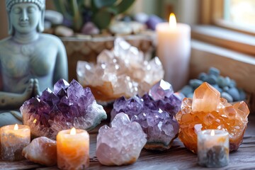 A serene Buddha statue in meditation among a variety of healing crystals and soft candlelight. AI Generated.