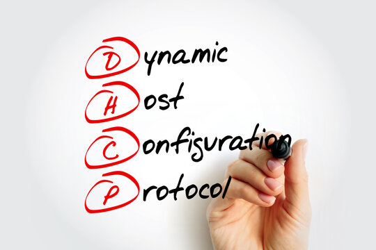 DHCP - Dynamic Host Configuration Protocol is a network management protocol used on Internet Protocol networks for automatically assigning IP addresses, acronym text with marker