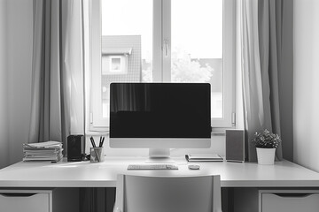 Grayscale image of a minimalist home office setup with a desk, computer, and natural light from the window. AI Generated.