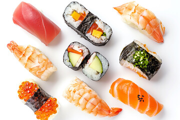 Japanese food restaurant, sushi set on white background. Sushi and rolls set.