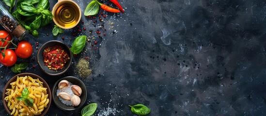 Italian cooking ingredients. Pasta, vegetables, and spices displayed from a top-view perspective with empty space for text. - obrazy, fototapety, plakaty