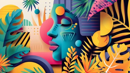 Vibrant Abstract Portrait with Tropical Elements