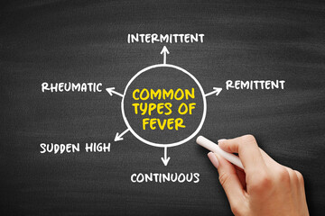 Common Types of Fever (temporary rise in body temperature) mind map text concept background