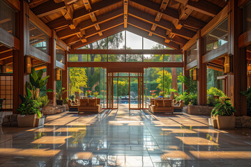 Sunlit lobby of a wellness retreat with elegant interior and garden view. AI Generated